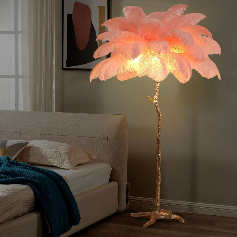 Photo 1 of MAYOLA Luxury Resin Ostrich Feather Lamp, 35 Pieces Real Ostrich Feathers,Floor Light for Living Room, Bedroom and Office 67” Tall Feather Lamp(Pink, Floor Lamp)
