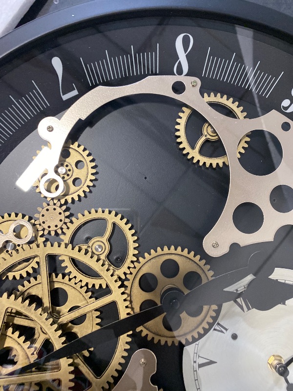 Photo 1 of 18 inch Original Industrial Wall Clock, Non-Ticking Vintage Real Moving Gear Battery Operated Antique Steampunk Decor Metal Clock for Home Kitchen, Living Room, Farmhouse (Gold-Black, 18 Inch)