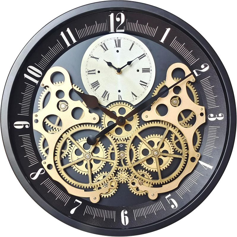 Photo 1 of 18 inch Original Industrial Wall Clock, Non-Ticking Vintage Real Moving Gear Battery Operated Antique Steampunk Decor Metal Clock for Home Kitchen, Living Room, Farmhouse (Gold-Black, 18 Inch)
