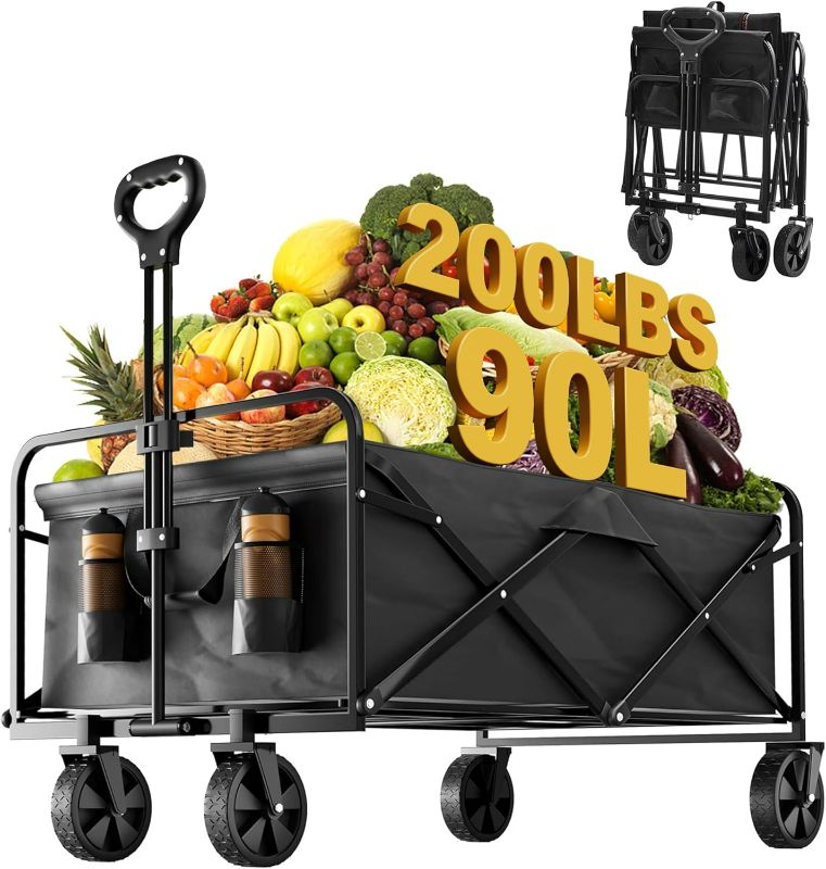 Photo 1 of Collapsible Foldable Wagon, Beach Wagon Cart Heavy Duty with Wheels Foldable, Utility Folding Grocery Wagon for Camping Sports Outdoor Activities, Shopping(Black, 1 Year Warrant)