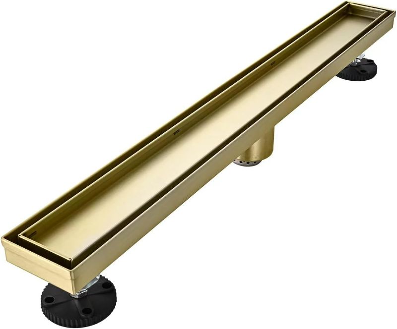 Photo 1 of Linear Shower Floor Drain, Brushed Gold 30 Inch 304 Stainless Steel Bathroom Drains Kit, Rectangular Shower Trench Drain with Reversable Tile-in Pattern Drain Cover & Hair Catcher