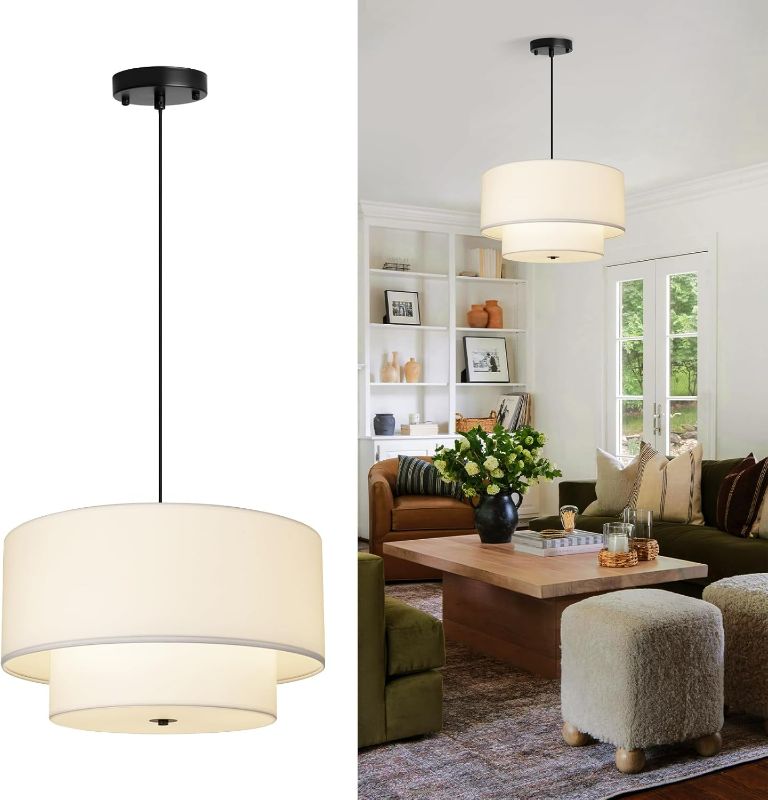 Photo 1 of 18" Drum Fabric Pendant Light, Large Modern Hanging Ceiling Chandelier Fixture with Dual Layer Fabric Shade, Ideal for Dining Room, Living Room, Bedroom, and Kitchen