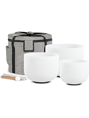 Photo 1 of Set of 3 PCS 440HZ 6" A Note 8" F Note and 10" C Note Frosted Chakra Quartz Crystal Singing Bowl with Carry Case Bag for Sound Healing Meditation