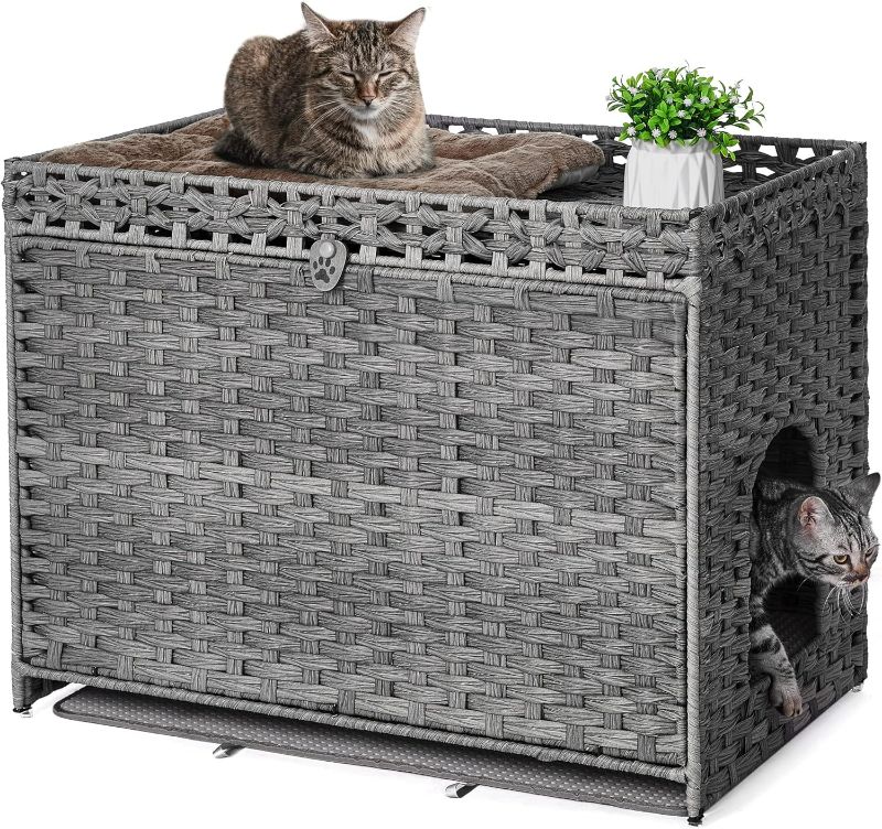 Photo 1 of Cat Litter Box Enclosure with Soft Litter Mat; Hidden Washroom Furniture with Door; Handwoven Rattan Cat House with Large Space; Pet Crate for Living Room, Bedroom, Balcony (Grey)