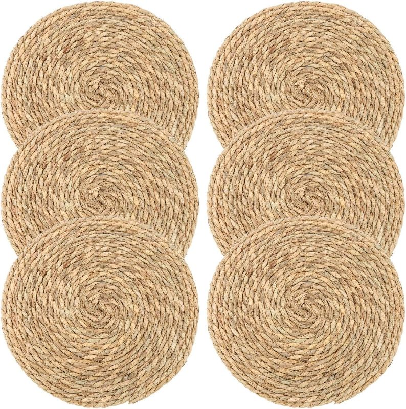 Photo 1 of Round Woven Placemats Set of 6, 12 Inch Handmade Natural Wicker Placemats for Holiday Wedding Home, Slip Heat Resistant Rattan Chargers for Dinner Plates