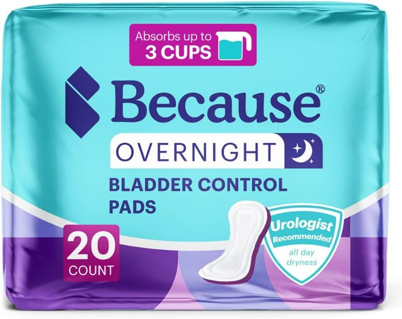 Photo 1 of Because Overnight Incontinence Pads for Women - Postpartum & Bladder Control Incontinence Liners, Absorbs 3 Cups, 12hr Nighttime Leak-Free Protection, 120 Count