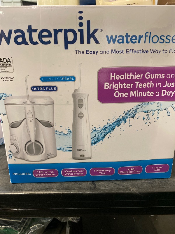 Photo 1 of Waterpik Waterflosser Ultra Plus Water Flosser & Cordless Pearl Water Flosser - 5 Accessory tips, USB Charging Cable & Travel Case, 1 Pack