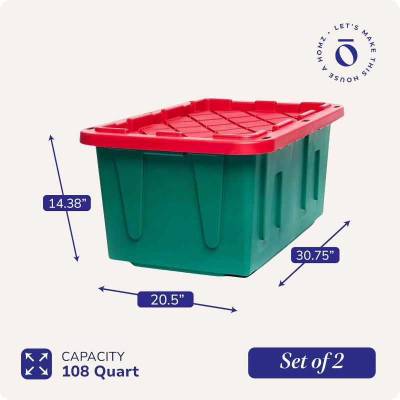Photo 1 of HOMZ Durabilt, Heavy Duty Plastic Storage Bins with Lids, 27 Gallon, Green/Red - Stackable Container Boxes for Holiday, Attic, and Garage Organization
