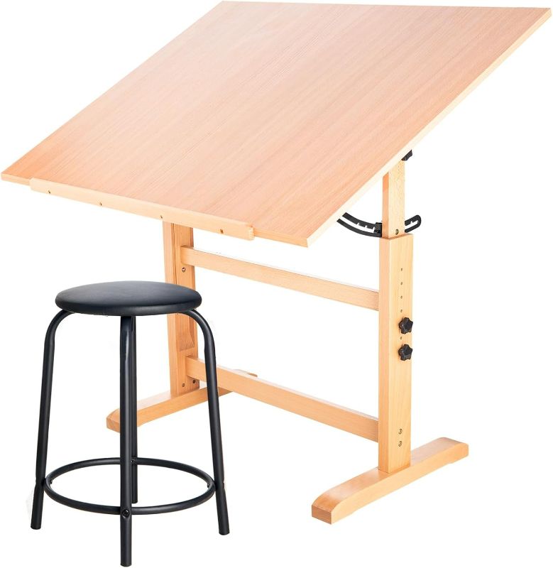Photo 1 of Falling in Art Wooden Drafting Table and Stool Set, 30" x 42" Adjustable Height and Angle Solid Wood Drawing Desk for Adults, Artist Craft Table for Painting Artwork, Reading, and Writing
