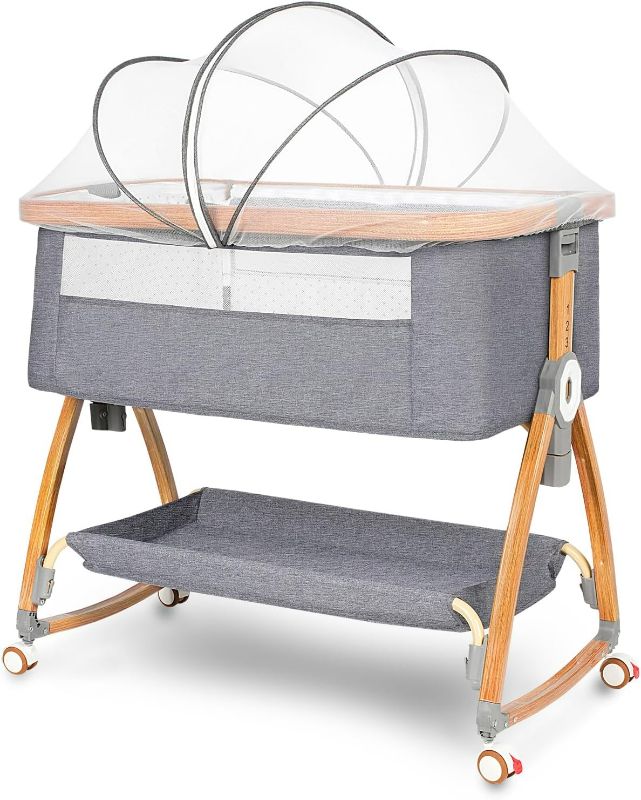 Photo 1 of Baby Bassinet, Bedside Bassinet for Baby, 6 Height Adjustable Baby Bed, 3 in 1 Bassinet Bedside Sleeper with Wheels, Mosquito Net, Portable Bedside Crib for Infant/Baby/Newborn (Light Grey)