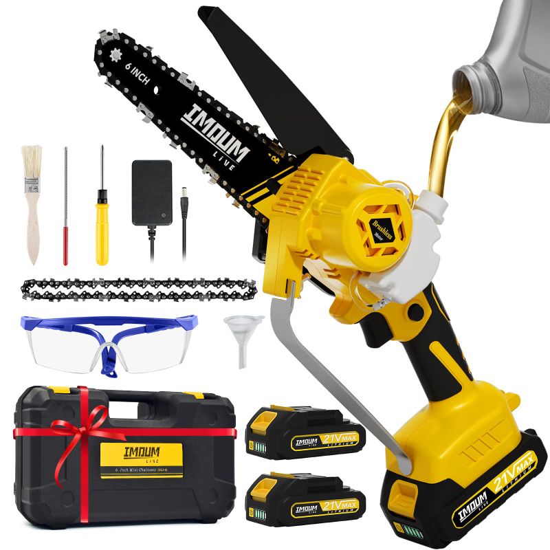 Photo 1 of Mini Chainsaw Cordless 6'' with 2×21V Battery, IMOUMLIVE Brushless Powerful Electric Small Hand Portable Chain Saw with Auto Oiler, Lightweight, 2.2 lbs, Handheld, Easy For Pruning, Cutting, Trimming