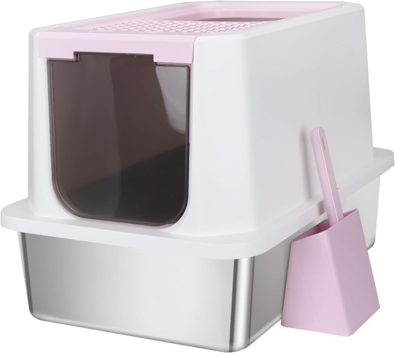 Photo 1 of RIZZARI Stainless Steel Cat Litter Box, Odorless Enclosed Litter Box with Top Holes, Large Litter Pan for Small to Large Sized Cats (Pink, 23.8" L*15.9" W*16.1" H)