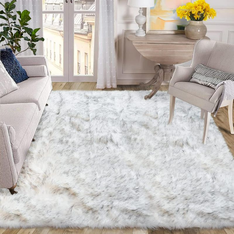 Photo 1 of Gray and White Area Rug 6x9 Rugs for Bedroom Fuzzy Plush Large Sheepskin Washable Fluffy Fur Rug for Living Room Nursery Rug