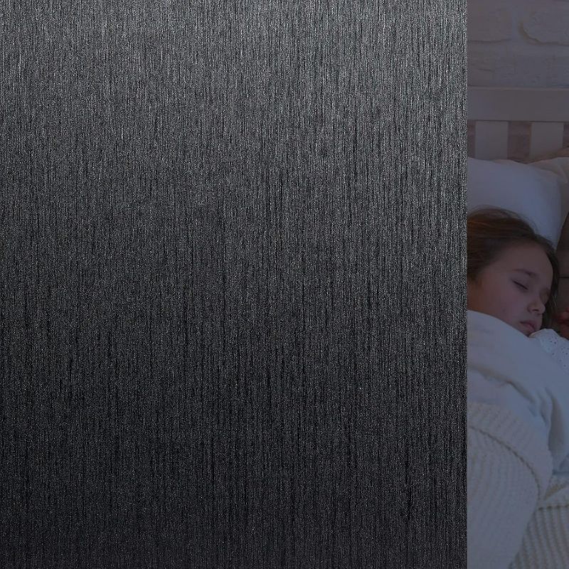 Photo 1 of VELIMAX Total Blackout Window Film Silk Black Window Cover Decorative Window Privacy Film Removable Window Tint 100% Room Darkening Sun Blocking Non Adhesive for Daytime Sleep Nap
