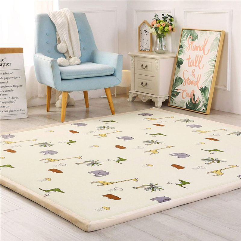 Photo 1 of Loartee Kids Play Area Rug - 1.2" Soft & Thick Coral Velvet Nursery Rug, Crawling Mat for Toddler, Jungle Animals Play Mat, Non-Toxic & Anti-Skid, Light Yellow, Size:5.0'x6'6"(About 150x200cm)