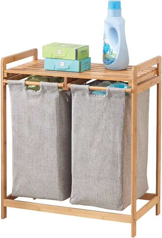 Photo 1 of PARTS ONLY ** 2 small removeable bags and 1 large removeable bag .. mDesign Freestanding Bamboo Laundry Organizer Hamper with Removable Storage Sorter Bags, Space-Saving Basket Duo with Handles for Clothes/Linens - Echo Collection - Natural/Tan