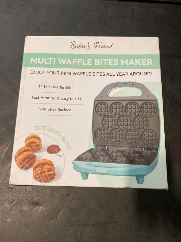 Photo 1 of Baker's Friend, Bite-size Mini Waffle Maker for Kids & Adults, Small Waffle Maker Mini Belgian Waffle Machine, 11 X 2.2” Tiny Nonstick Waffles Iron, Recipe Included, Aqua