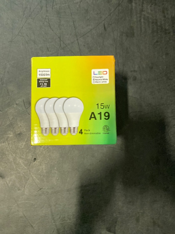 Photo 1 of YAOHENG A19 LED Light Bulb, 100 Watt Equivalent LED Bulbs, 4000K Neutral White, 1500 Lumens, Standard E26 Base, Non-Dimmable, 15W Super Bright Light Bulbs for Home, Office Lamp, ETL Listed(4-Pack)