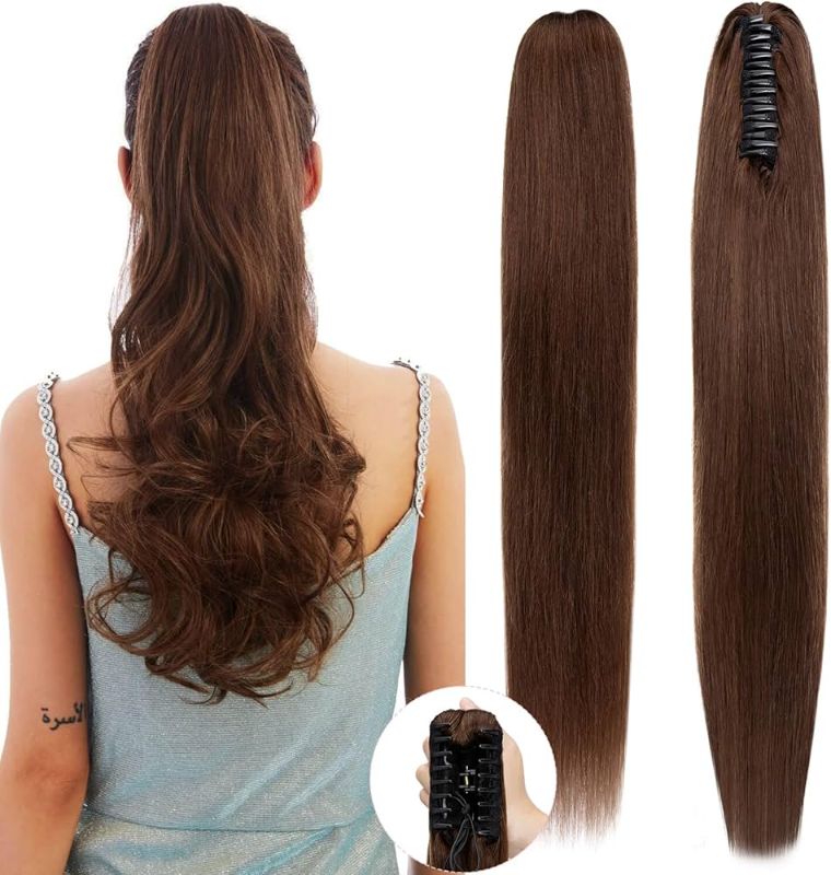 Photo 1 of Claw Clip Ponytail Extension Synthetic Hair Long Straight Clip in Ponytail Hair Extensions Medium Brown Red