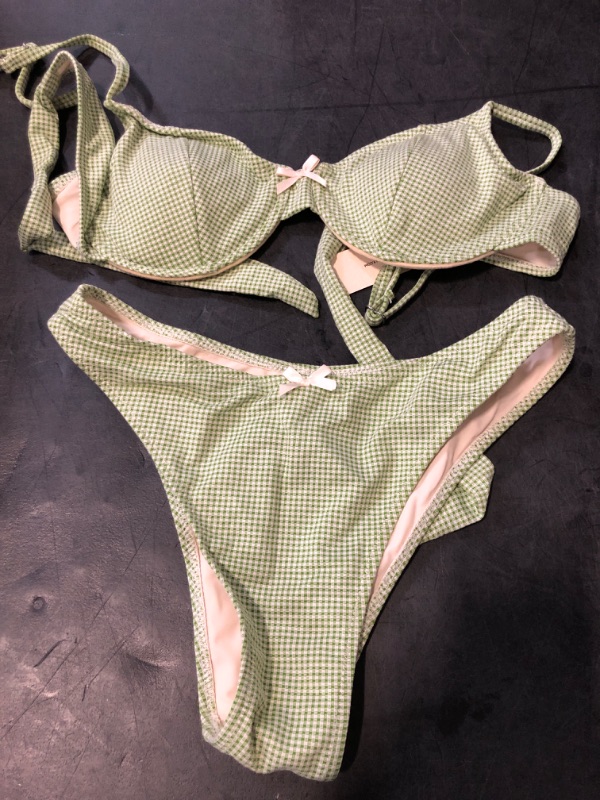 Photo 1 of Size M Seamoly Vintage Gingham Bowknot Decor Tied Back Underwire Bikini Set, Light Green, M