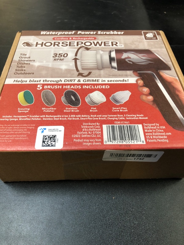 Photo 2 of Horsepower Scrubber, Waterproof, Electric Power, Spins 350 RPM, 5 Brush Heads, AS-SEEN-ON-TV, Cleans Dirt & Grime, Tile, Grout, Bathrooms, Kitchen, Auto Rims, Outdoor Furniture & More, Rechargeable