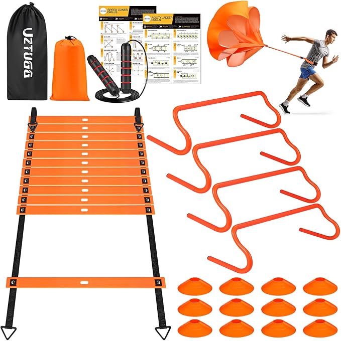 Photo 1 of Soccer Training Equipment, Speed Agility Training Equipment for Kids Youth Adults, 20ft Agility Ladder, 4 Hurdles, Jump Rope, 12 Soccer Cones, Running Parachute, Basketball Football Training Equipment