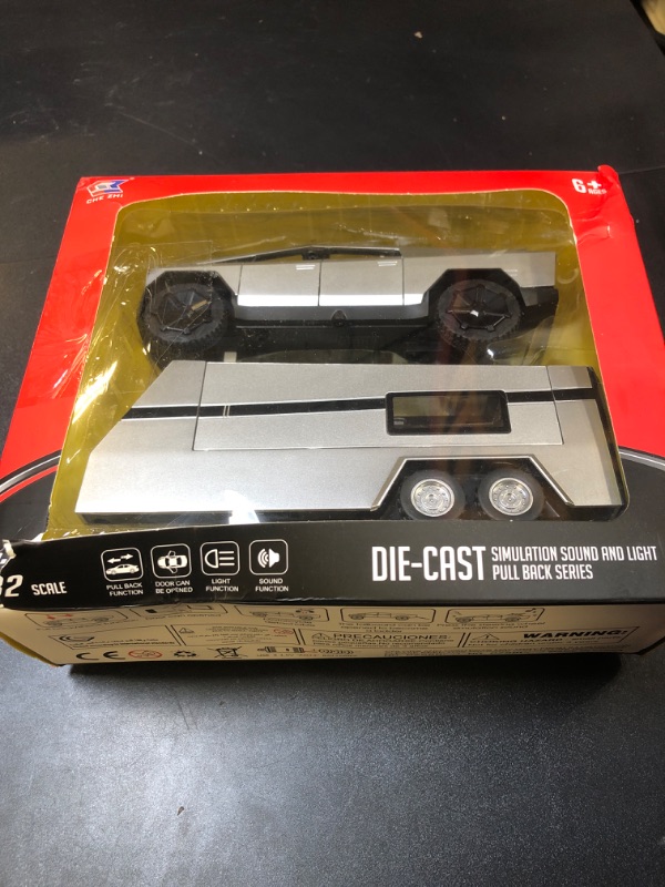 Photo 1 of Pickup Trailer RV Model, Metal Pick-Up Truck Trailer Toy with Motorcycle, Toy Truck with Sound/Light/Pull Back/Realistic Interior Exterior,Ideal Toy Car Vehicle Gifts (1/32 Grey Pickup Trailer RV)