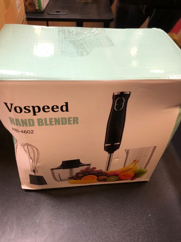 Photo 2 of Immersion Blender, Vospeed 1000 Watt 4-in-1 Hand Blender with Chopper, Whisk, 600ml Mixing Beaker, Electric Stick Blender with Two Speed Adjustable, Ergonomic handle, Detachable