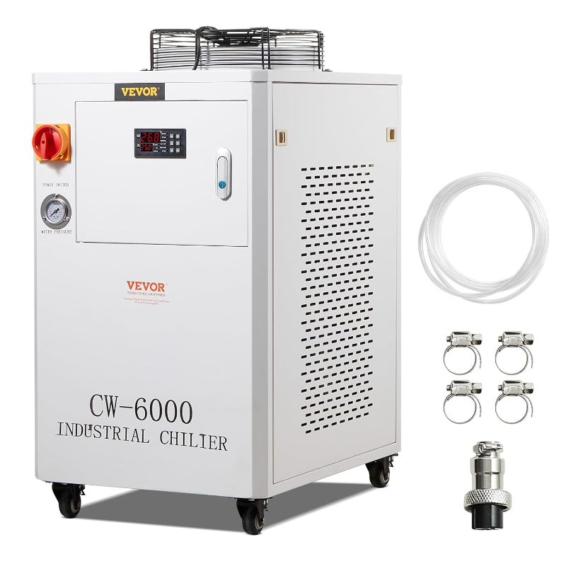 Photo 1 of VEVOR Industrial Water Chiller, CW6000, Industrial Water Cooler Cooling System with Compressor 15L Water Tank Capacity 65 L/min Max Flow Rate, for 2 Sets of 300W CO2 Laser Engraving & Cutting Machine
