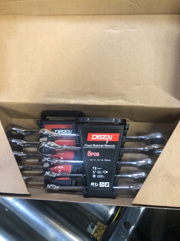 Photo 1 of DISEN 10Pcs Ratcheting Wrench Set SAE & Metric Ratchet Wrench Set with Rack Organizer, Premium CR-v Steel, 12 Point, 72 Teeth,Box End and Open End Ratcheting Wrench Set,Metric 10-15mm&SAE 3/8''-5/8''