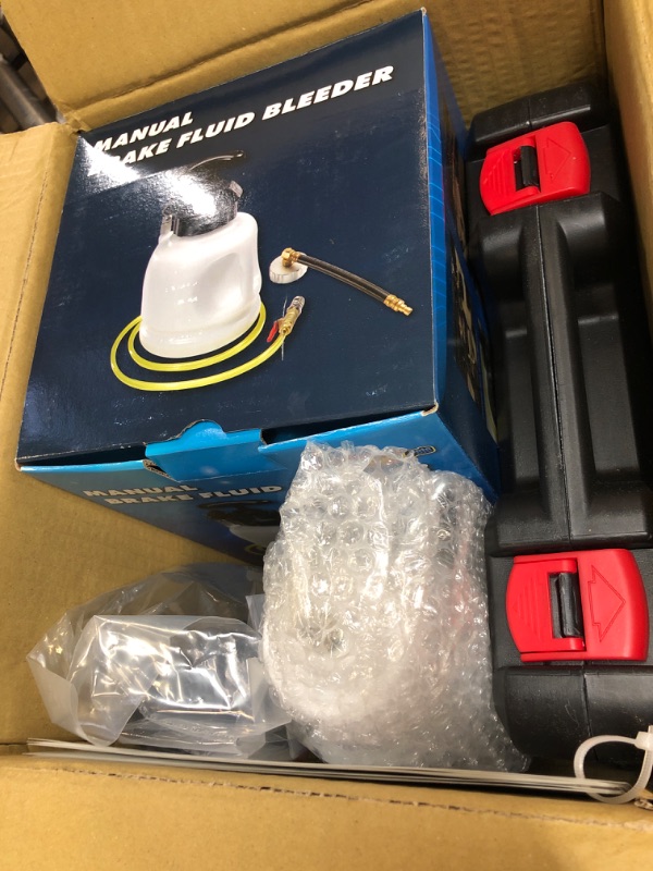 Photo 2 of Slippery Pete - Pressure Brake Fluid Bleeder Kit - Pressure Tank with Gauge, Relief Valve, Industrial Hose, Control Valve, 9 Metal Master Cylinder Reservoir Adapters, Receiver Bottle, Extractor Pump