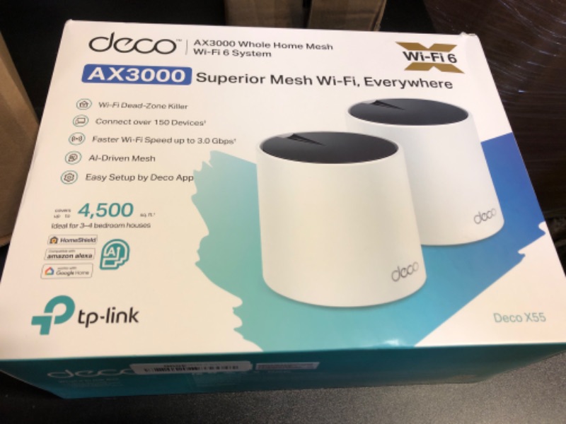 Photo 1 of TP-Link Deco AX3000 WiFi 6 Mesh System - Covers up to 4500 Sq.Ft, Replaces Wireless Router and Extender, 3 Gigabit Ports per Unit, Supports Ethernet Backhaul (Deco X55, 2-Pack)