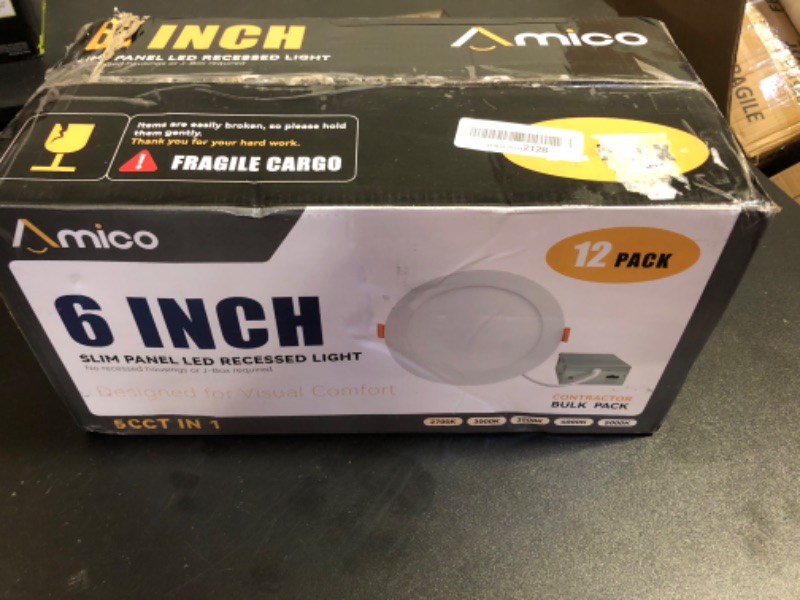 Photo 1 of Amico 12 Pack 6 Inch 5CCT Ultra-Thin LED Recessed Ceiling Light with Junction Box, 1050LM Brightness, Dimmable Canless Wafer Downlight, 12W, ETL&FCC