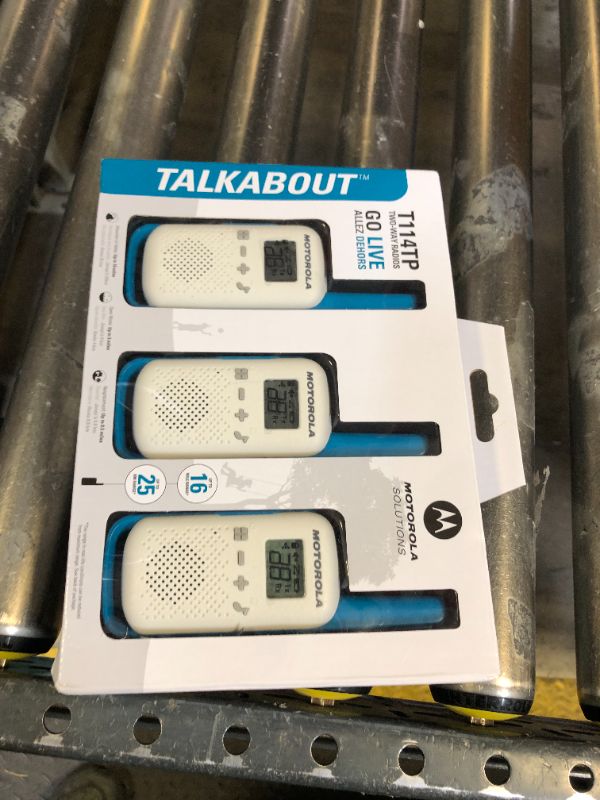 Photo 2 of Motorola Solutions, Portable FRS, T114TP, Talkabout, Two-Way Radios, Battery Operated, 22 Channel, 16 Mile, White/Blue, 3 Pack