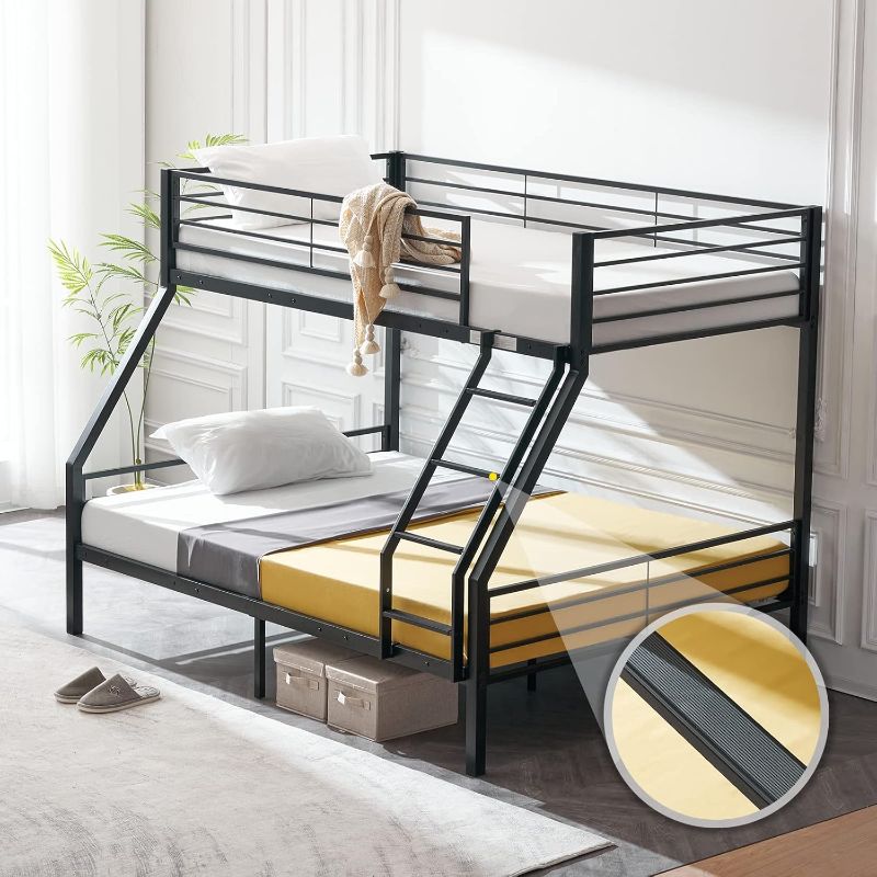 Photo 1 of VINGLI Twin Over Full Bunk Bed for Kids/Adults with Stairs Flat Rungs, Heavy Duty Metal Slats, No Box Spring Needed, Black
