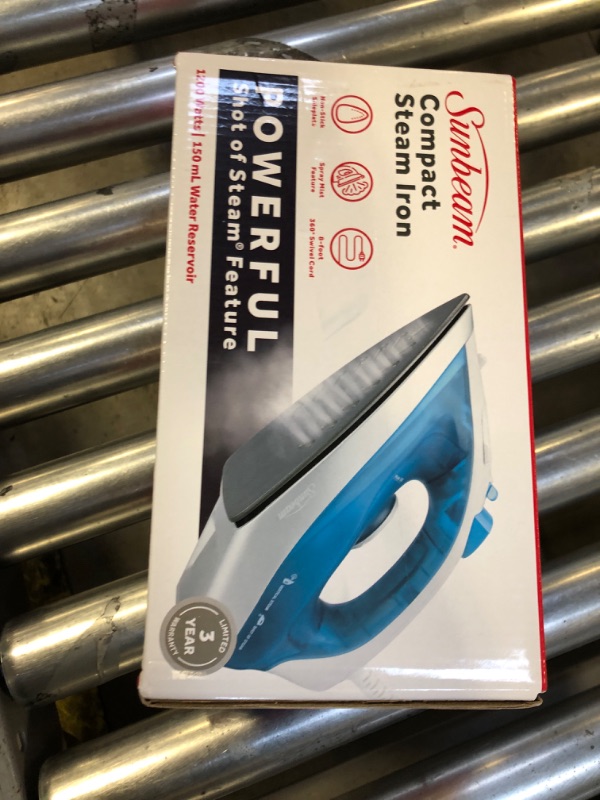 Photo 1 of Sunbeam Compact Steam Iron, 1200 Watts, Non-Stick Soleplate, Powerful Shot of Steam, Horizontal or Vertical, Spray Mist, Precision Tip, White/Blue