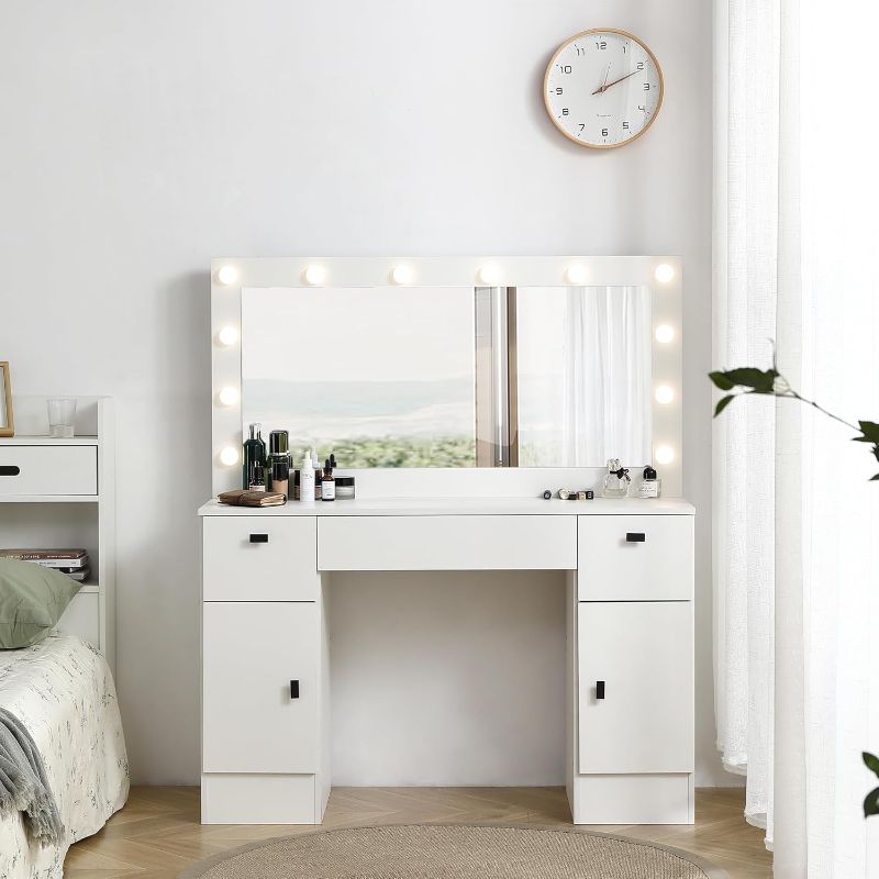 Photo 1 of TONDI Vanity Table with Lighted Mirror, Vanity Desk with 3 Drawers and Storage Cabinet,3 Color Lighting Modes Adjustable Brightness, White Color, W2156P143524, Vanity Desk, qz-7461
