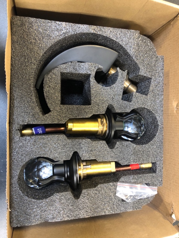 Photo 1 of LED Waterfall Bathroom Faucet 3 Hole, Widespread 8 Inch Waterfall Sink Faucets with Dual Crystal Handles Basin Mixer Tap, Modern Waterfall Vanity Faucet, 3 Colors Light Changing, Matte Black