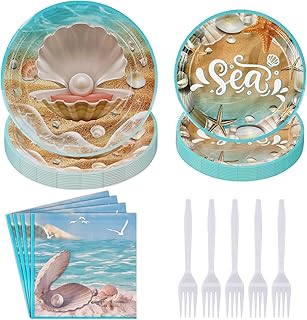 Photo 1 of Grencian 96Pcs Seashell Beach Party Supplies Set, Serves 24: Dinnerware, Napkins, Forks - White, Beige, Pink Seashell Pattern