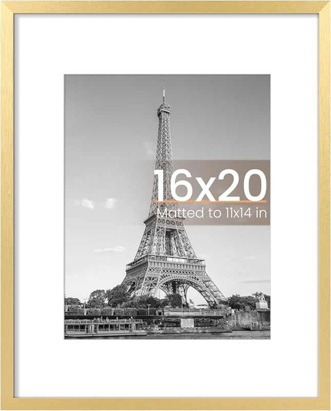 Photo 1 of 16x20 Picture Frame, Display Pictures 11x14 with Mat or 16 x 20 Without, Wall Hanging Poster Frame, Gold, 1 Pack