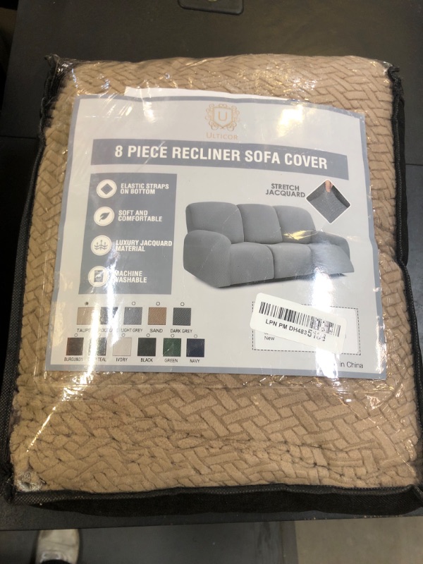 Photo 2 of ULTICOR Jacquard 8-Pieces Recliner Sofa Covers Stretch Reclining Couch Covers for 3 Cushion Reclining Sofa Slipcovers Thick Soft Washable (Style 3) (Taupe, 3 Seater Recliner Cover)