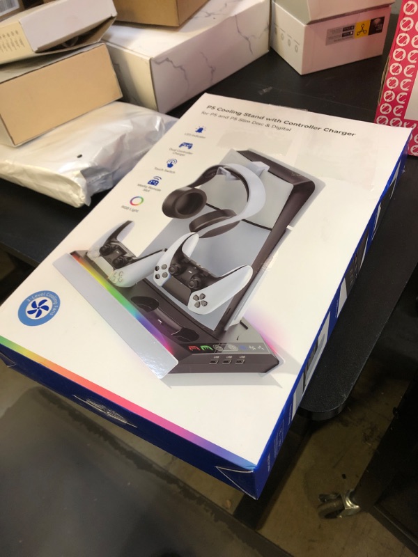 Photo 1 of PS5/ PS5 Slim Stand for Disc & Digital Console, PS5 Cooling & Charging Station with 3-Level Fan, PS5 Controller Charger for PS5 & Edge Controller, PS5/Slim Accessories with 3 Charging Ports