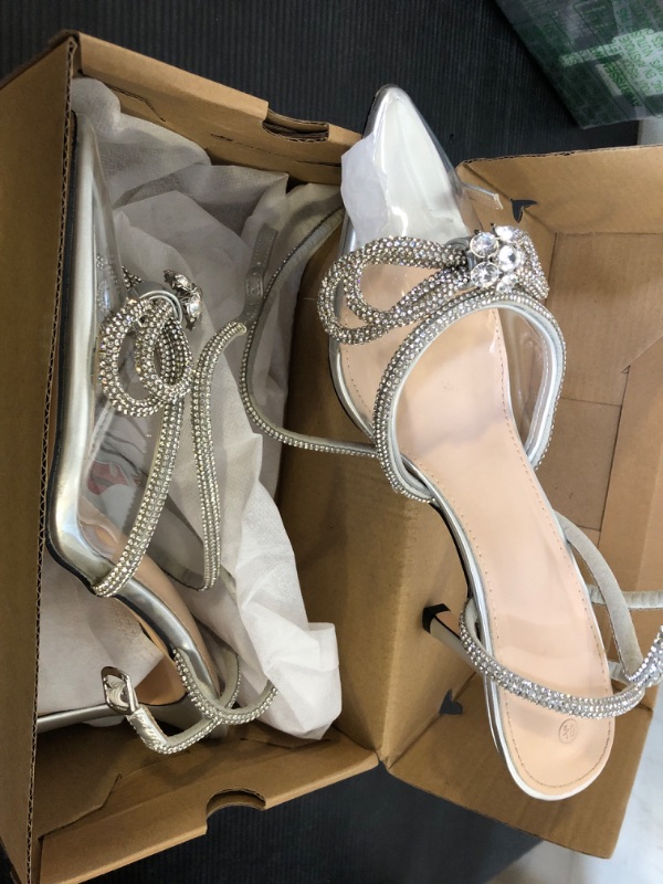 Photo 1 of VETASTE Women's Double Bow Pointed Toe Ankle Strap Crystal Pumps Wedding Bridal Party Stilettos Backless Satin Heeled Sandals,Transparent, Size 8.5