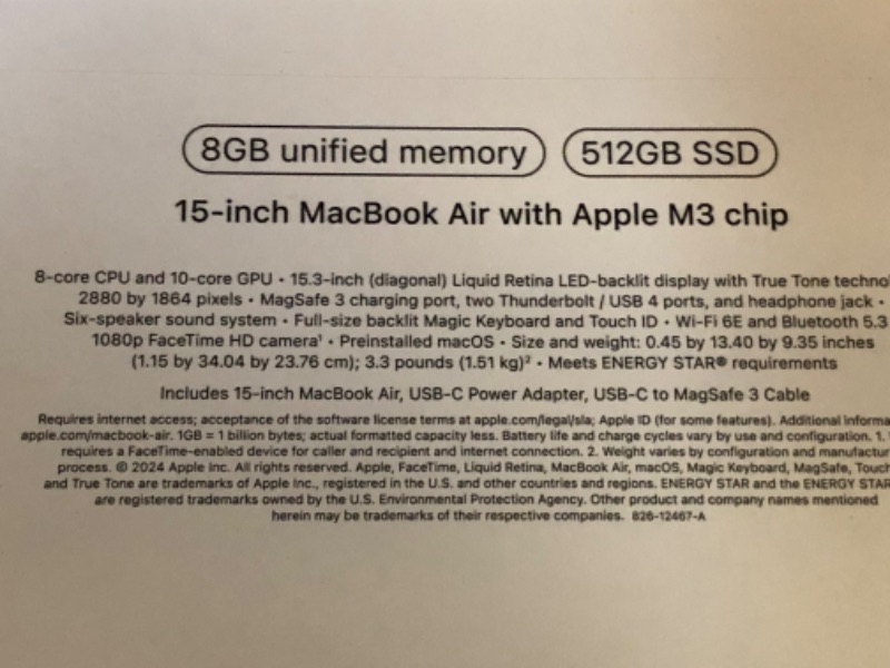 Photo 4 of Apple 2024 MacBook Air 15-inch Laptop with M3 chip: Built for Apple Intelligence, 15.3-inch Liquid Retina Display, 8GB Unified Memory, 512GB SSD Storage, Backlit Keyboard, Touch ID; Midnight