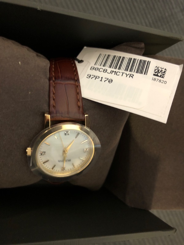 Photo 2 of Bulova Ladies' Classic Diamond Gold Stainless Steel 3-Hand Quartz Watch, Brown Leather Strap, 27mm Style: 97P170