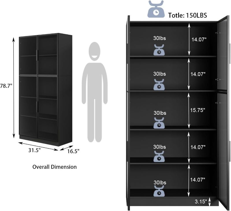 Photo 1 of **NON-REFUNDABLE** (PARTS) Bobve Display Cabinet with 4 Glass Doors, 5 Tier Storage Shelves Organizer, 78.7" Tall Black Bookshelf Bookcase with Storage Cabinet, Wooden Display Case Cabinet for Home,Office, Living Room (Black)