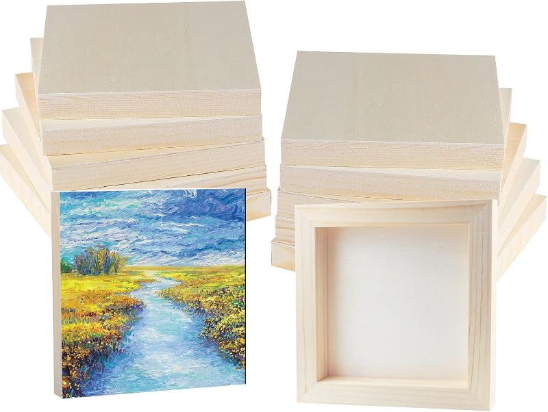 Photo 1 of 12 Pack Unfinished Wooden Canvas Board 5 x 5 inch Wood Panel Boards Square Wood Panels Blank Boards for Painting, Pouring, Burning, Arts Use with Oils, Acrylics and DIY Craft Projects