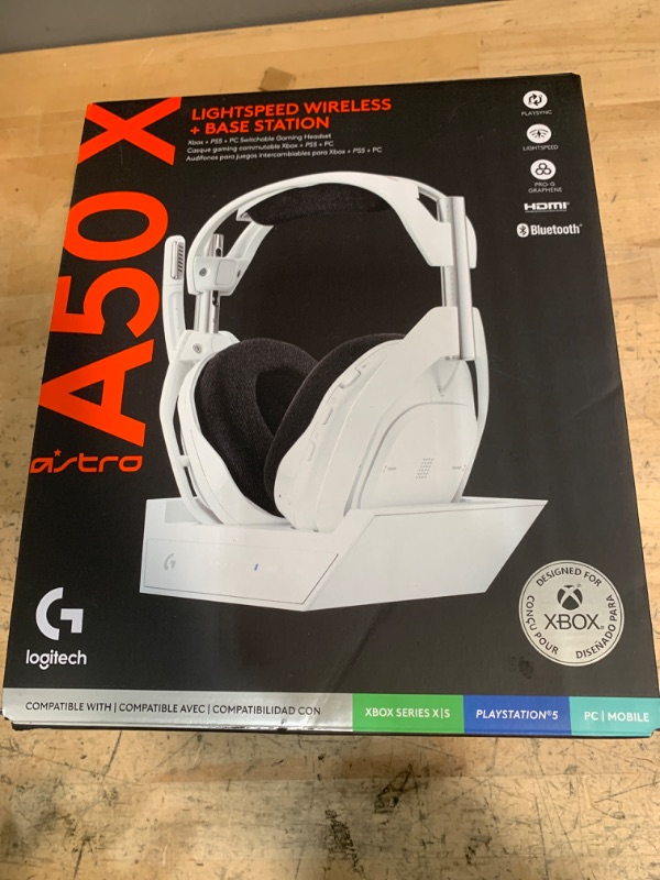 Photo 1 of Logitech G Astro A50 X Omni-Platform Wireless Gaming Headset + Base Station for PS5, Xbox, PC: PLAYSYNC Video & Audio Switcher, HDMI 2.1 4K 120Hz VRR, <24 bit/48 kHz, 24hr Battery, 2.4GHz & BT - White