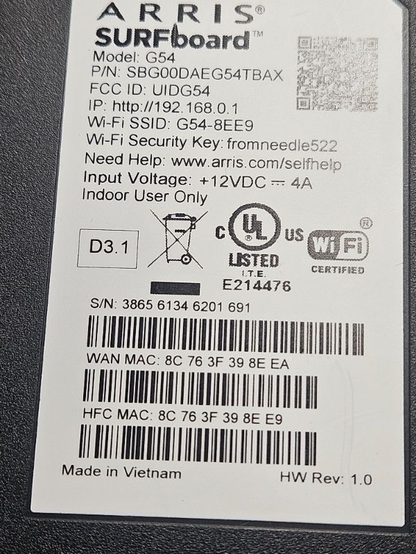 Photo 1 of ARRIS (G54) - Cable Modem Router Combo - Fast DOCSIS 3.1 Multi-Gigabit & BE 18000 WiFi 7 Comcast Xfinity, Cox, Spectrum Quad-Band 1, Up to 18 Gbps Max Speed