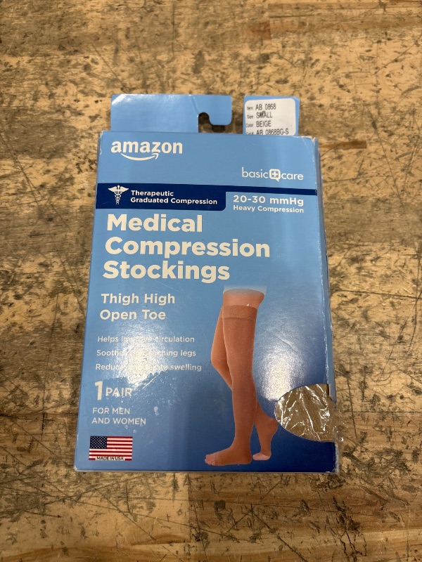 Photo 2 of Amazon Basic Care Medical Compression Stockings, 20-30 mmHg Support, Women & Men Thigh Length Hose, Open Toe, Beige, Small (Previously NuVein)